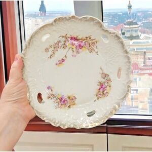 Antique Wheelock Cake Plate Serving Dish Germany‎ Purple Violets Flowers 8.5"